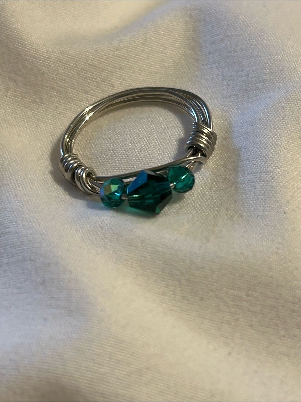 Silver Wire Wrapped Ring with Emerald Green Crystal Accent